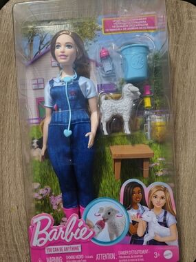 Barbie Veterinarian Doll with Blue Outfit, Pink Boots & White Lamb
